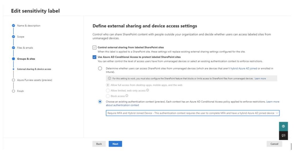 Authentication context properties for a sensitivity label